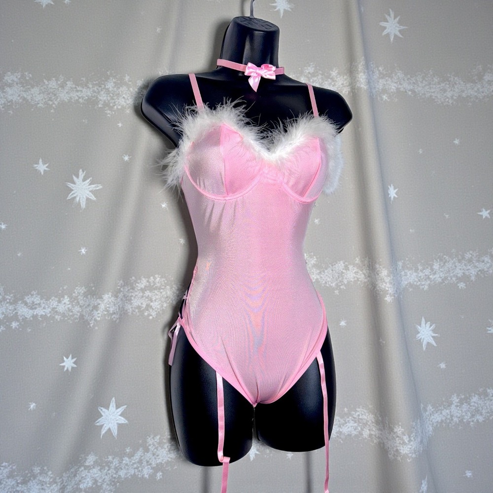 New XS Pink Bunny Lingerie Bodysuit Fur Trim Choker Garters‎ Cosplay Costume